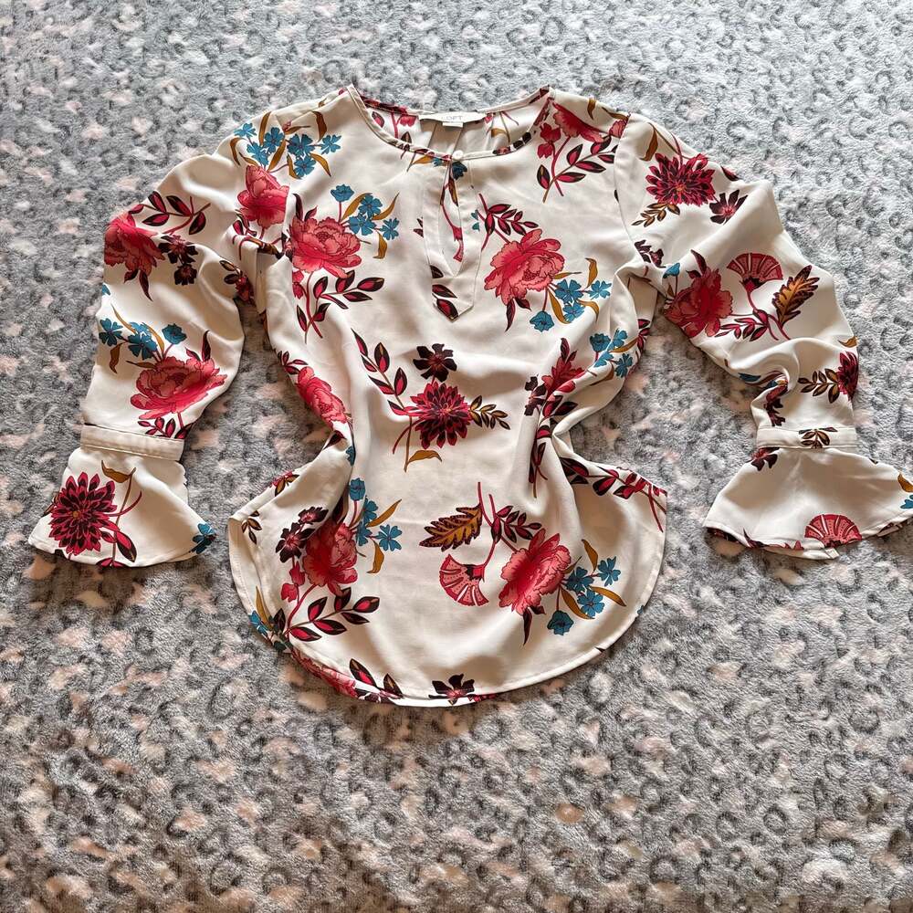 LOFT Petites Floral Print Keyhole Bell Sleeve Blouse XXSP